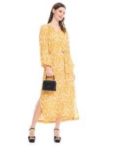 Patterned A-Line Dress with Stand Collar and Puff Sleeves