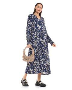 Floral Print A-Line Dress with V-Neck and Puff Sleeves