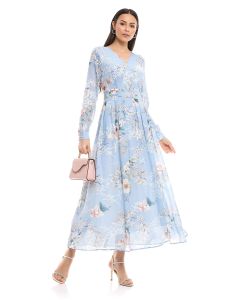Floral Print Flared Dress with V-Neck and Long Sleeves