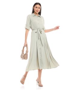 Solid Shirt Dress with Tie Waist